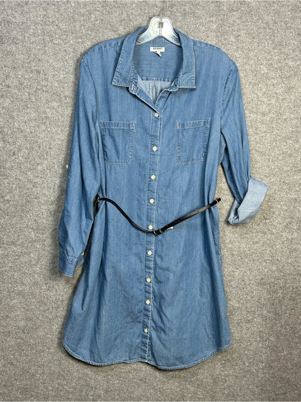Old Navy XL Blue Chambray Denim Shirt Belted Dress Utility-Chic Western Boho